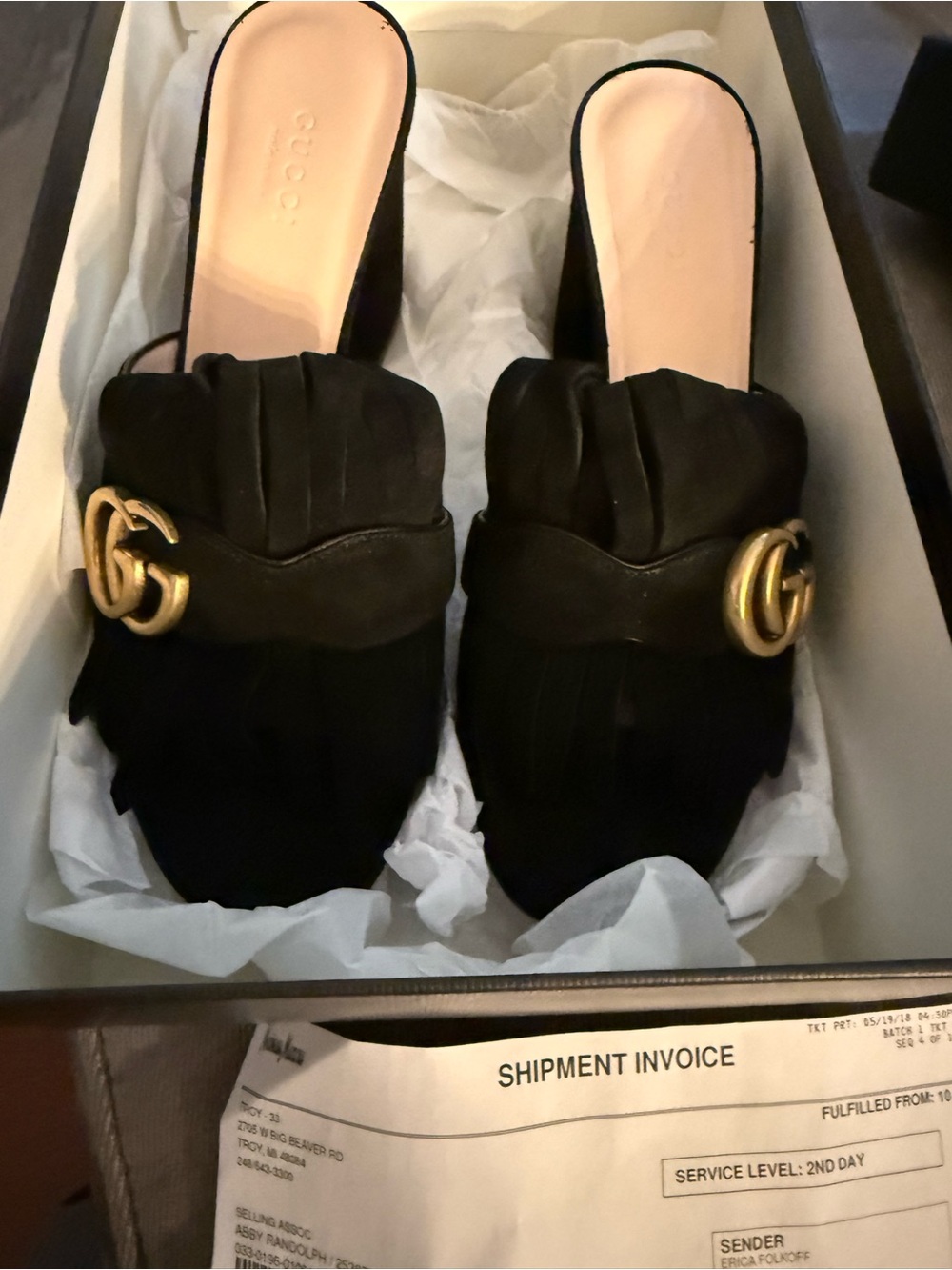 Gucci Black Suede Fringed Mule with Gold Double G Accent